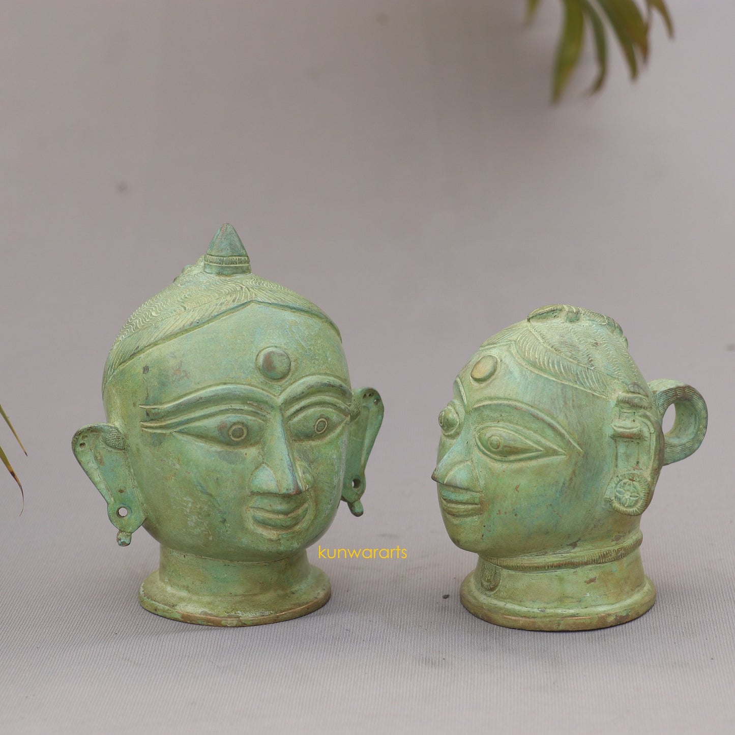 Brass Shiva Gauri Mukhlingam Head Vintage Green Finish - kunwararts