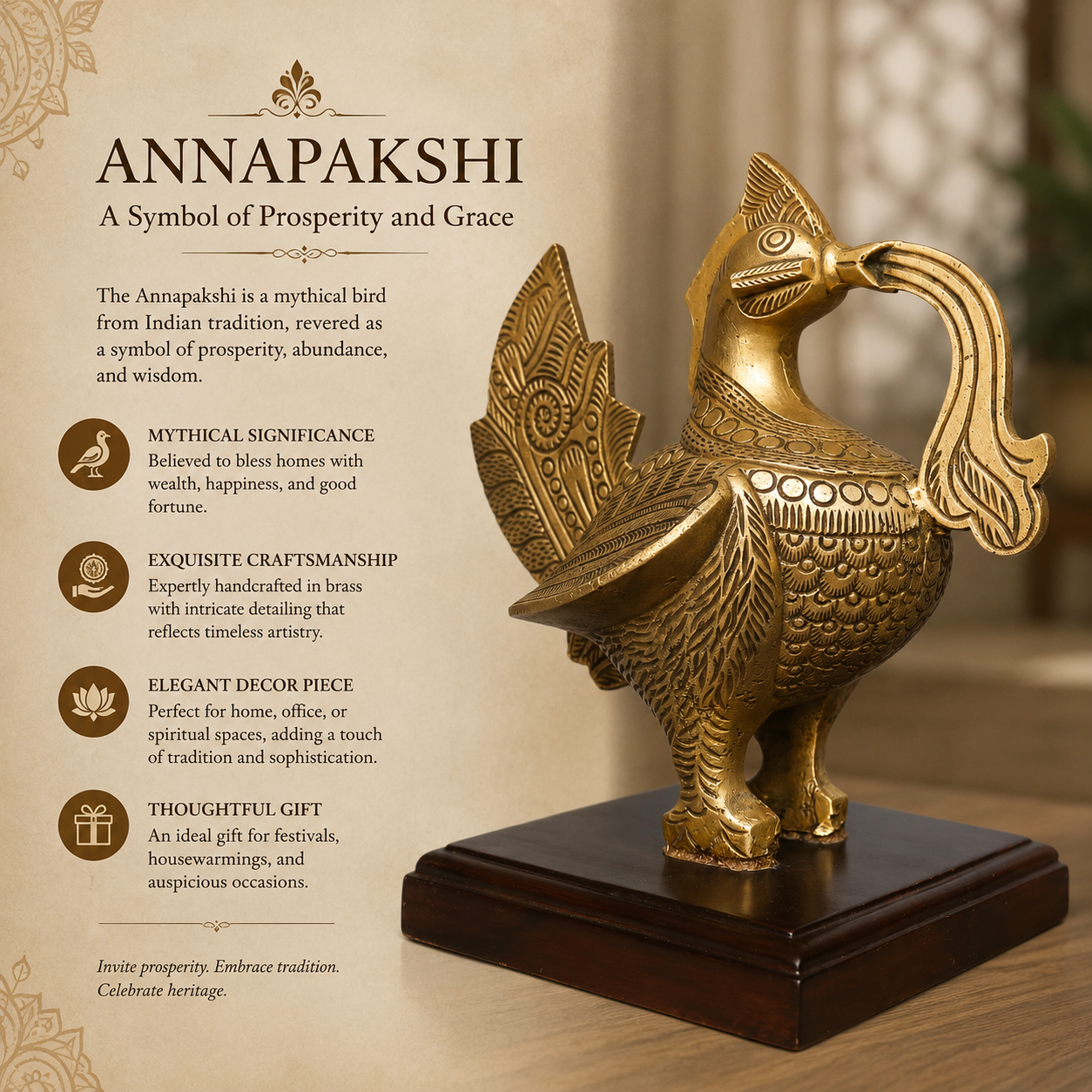 Gold Annapakshi statue with descriptive text on a wooden base