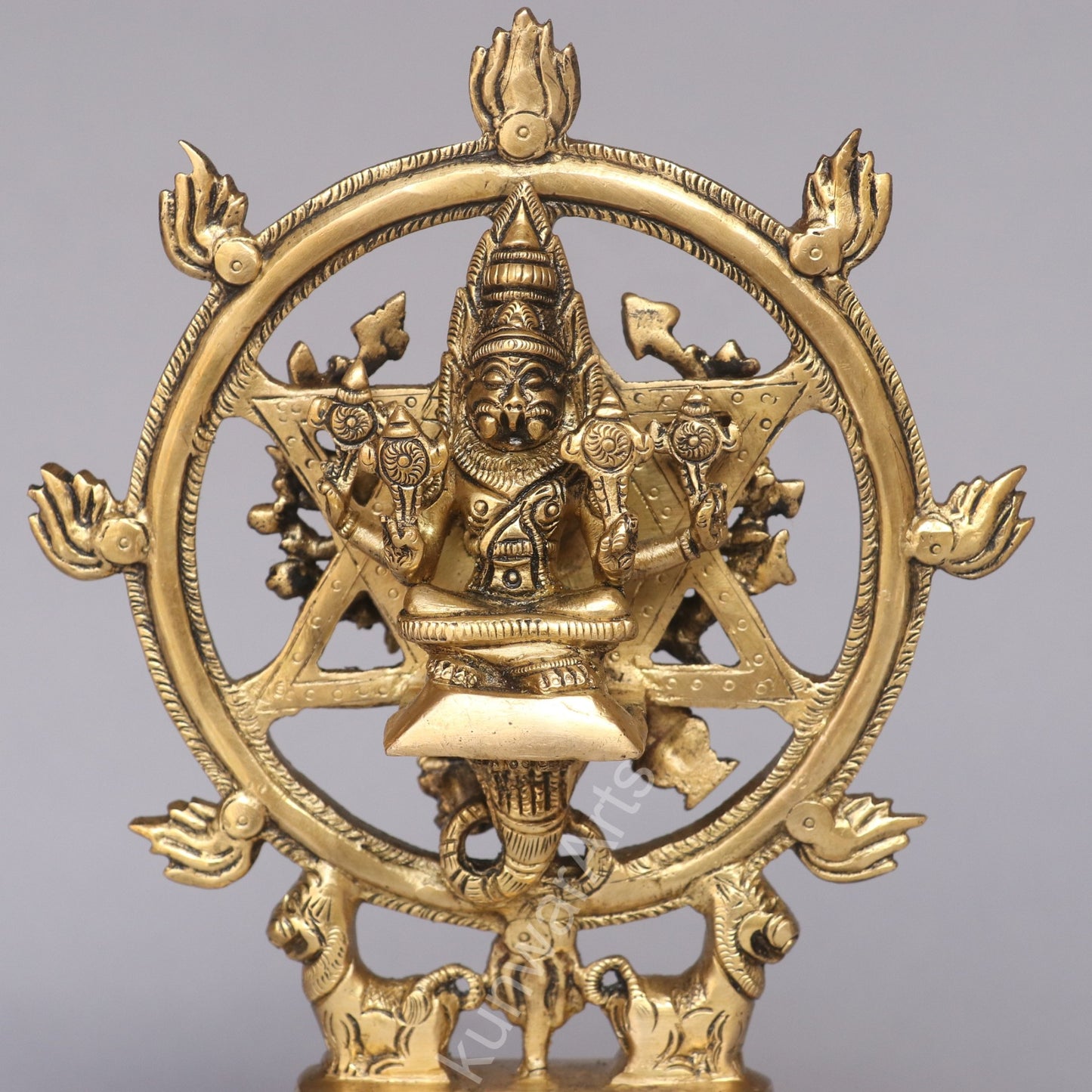 Brass Lord Sudarshana Vishnu Idol with Narasimha on the reverse side.