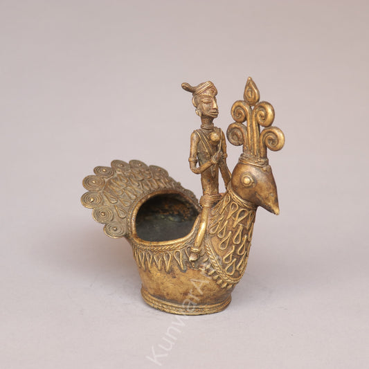Handcrafted Dokra Tribal Figurine with Peacock Vessel