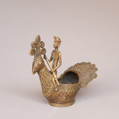 Handcrafted Dokra Tribal Figurine with Peacock Vessel