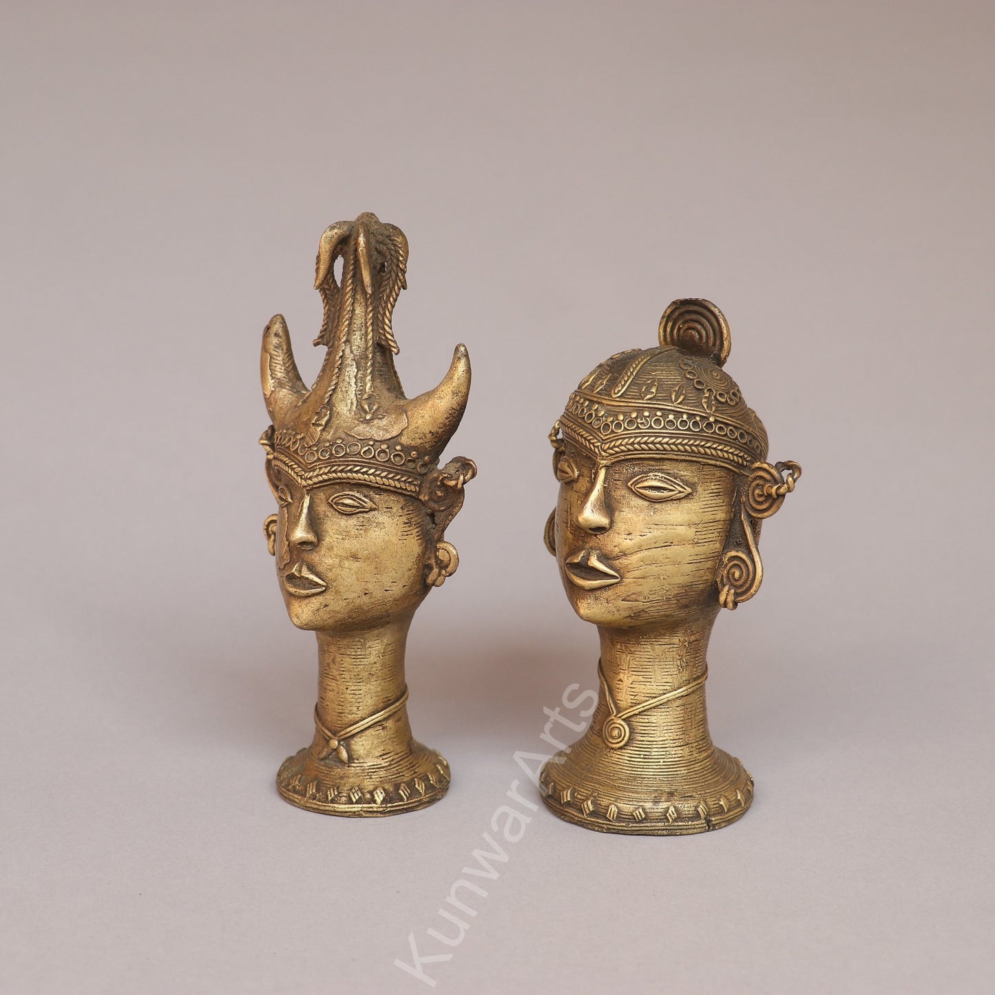 Handcrafted Brass Tribal Head Figurines – Pair of Ethnic Sculptures