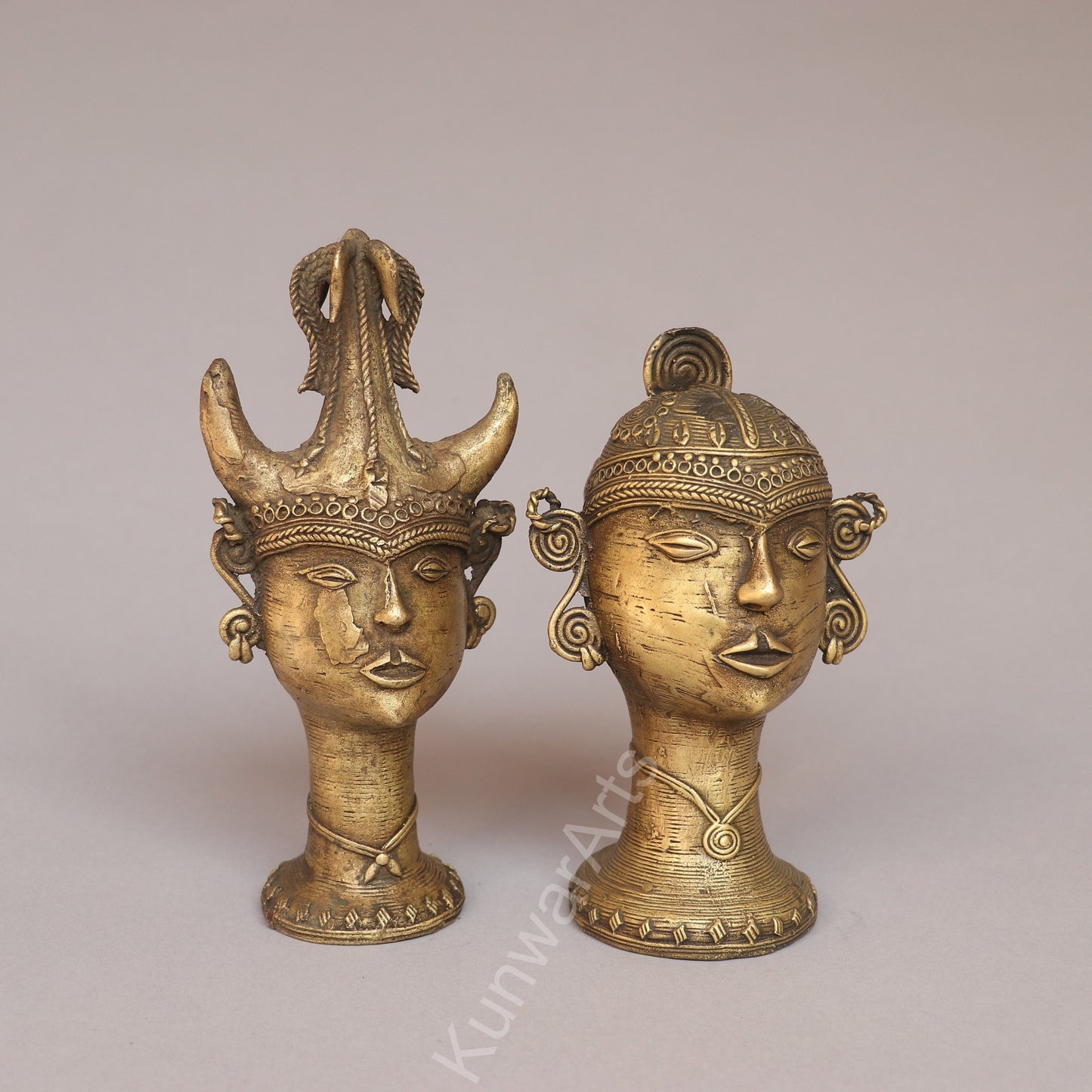 Handcrafted Brass Tribal Head Figurines – Pair of Ethnic Sculptures