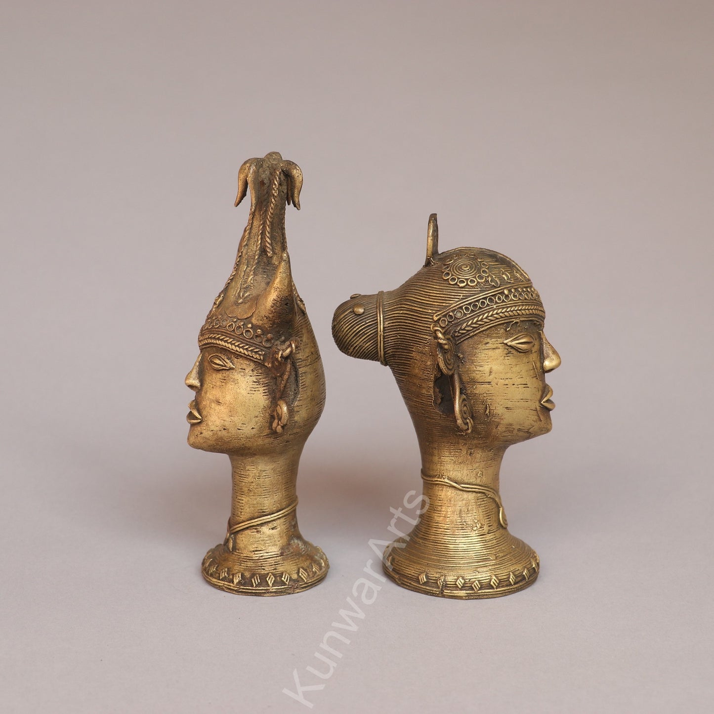 Handcrafted Brass Tribal Head Figurines – Pair of Ethnic Sculptures