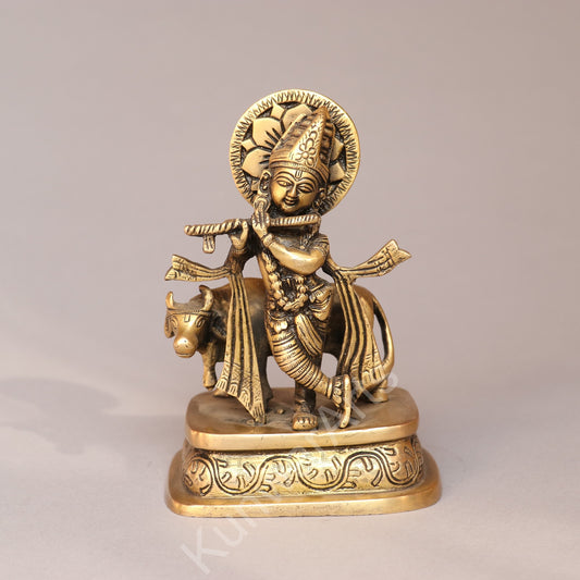 Brass Cow Krishna Statue