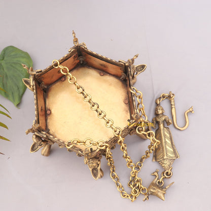 Vintage Hanging Décor Hexagonal Brass Planter With Oil Lamps