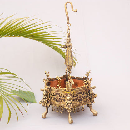 Vintage Hanging Décor Hexagonal Brass Planter With Oil Lamps